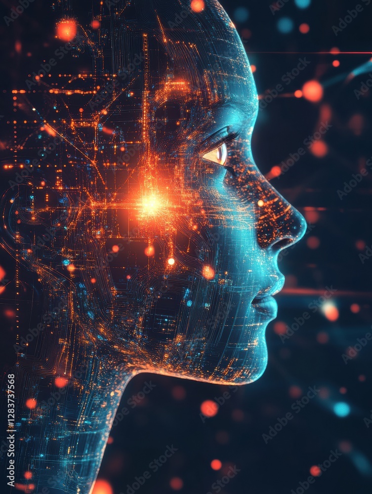 Poster Futuristic profile of a human head showcasing mechanical structures and a glowing robotic eye. Generative AI
