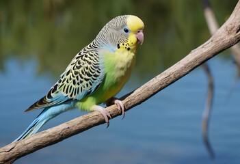 Obraz premium Greenfinch parrot on a tree branch and water