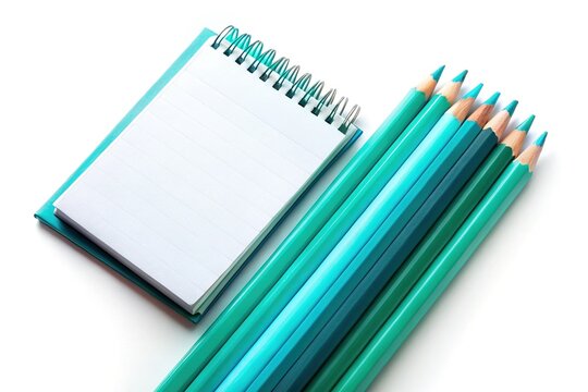 Set of Turquoise Colorful Pencils, Blank White Notepad