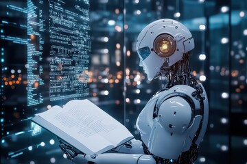 advanced humanoid robot with sleek design writing in holographic book, surrounded by floating data visualizations, soft ambient lighting