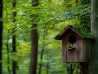 serene birdhouse in lush green forest with small bird perched on it, symbolizing conservation tranquility