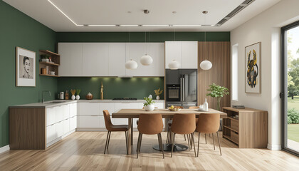 Modern Kitchen Interior with Green Accent Walls and Natural Light