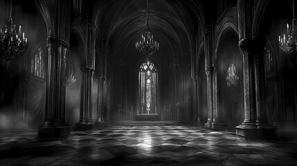 Obraz premium Dark and creepy gothic castle background, hyper detail. Dark Gothic Cathedral Interior. Illustration