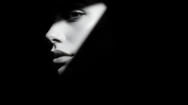 A dramatic black and white portrait of a woman's face in shadow, partially lit with a spotlight.