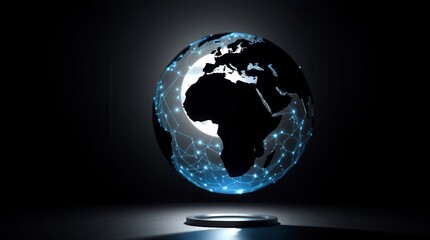 A glowing network surrounds a world globe on a platform, symbolizing global connection and digital communication.