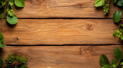 Clean Vertical Wood Texture with Fresh Natural Green Leaves