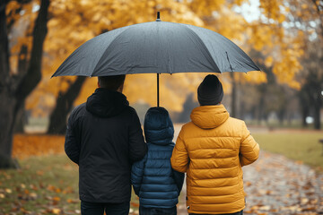 A family standing under a large umbrella, symbolizing protection and security with copy space. Soft warm light. 