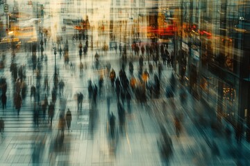 Fototapeta premium Busy city street with blurred pedestrians in motion