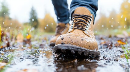 Man walking in autumn park, splashing puddle