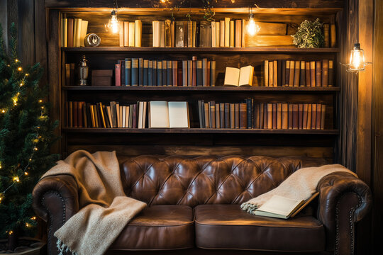 A cozy reading nook with a vintage leather sofa, warm throw blankets, and a tall bookshelf with copy space. Soft warm lighting. Classic rustic background.