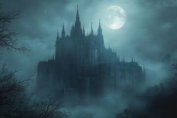 ancient gothic fortress emerging through dense fog towering spires piercing misty twilight, dramatic moonlit architecture, haunting atmosphere