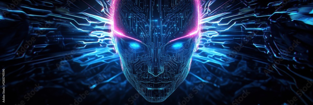 Poster silhouette of a human head with glowing circuit board design showcasing futuristic ai technology. ge