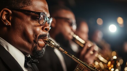 Obraz premium Focusing intensely, a saxophonist pours his heart into his music, creating a powerful performance that resonates deeply with the audience amidst a vibrant atmosphere.