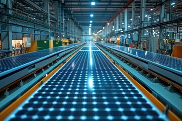 Fototapeta premium Solar Panel Factory Assembly Line Production Clean Energy Technology