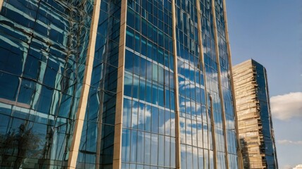Fototapeta premium Modern Architecture Blue Glass Skyscrapers Reflecting Sky in Sunny Urban Landscape