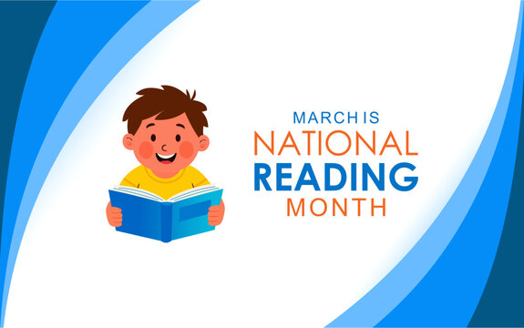 March Is National Reading Month vector. Happy smiling child boy with book cartoon character. Best for banners foster, care and social media posts. - Powered by Adobe