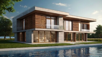 Fototapeta premium Modern Concrete House with Swimming Pool Reflecting Sky and Trees in Residential Exterior with Geometric Facade and Wood Details on a Sunny Summer Day
