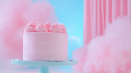 Pastel pink cake in dreamy cotton candy-themed setting with frosting swirls