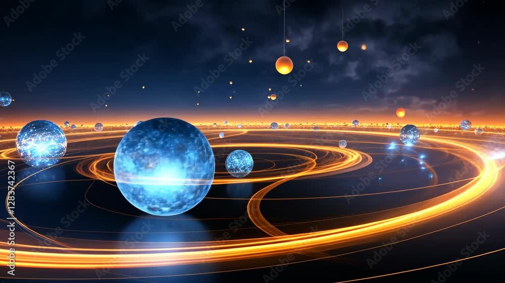 Wall mural cosmic abstract design with glowing orbs and spiral paths in space