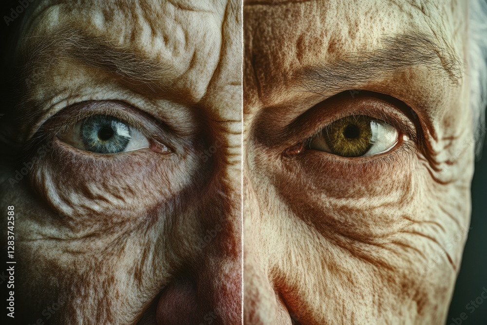 Poster transformation of aged face showcasing wrinkles and dull skin alongside rejuvenated smooth skin in a