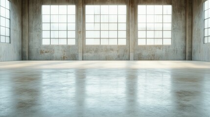 Fototapeta premium An expansive, aged industrial interior with large, vintage windows showcases the rugged beauty of decay, capturing a sense of nostalgia and potential for creative transformation.