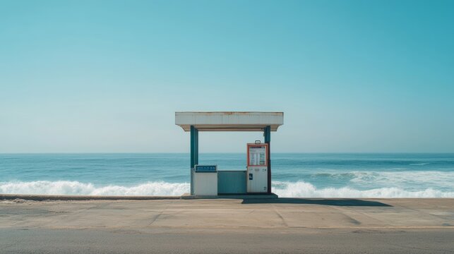 A toll booth by the shore with waves crashing in the distance. Featuring no cars and a peaceful beach view