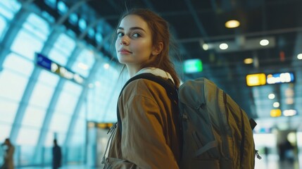 Young woman with a backpack standing at the airport, ready for her journey.