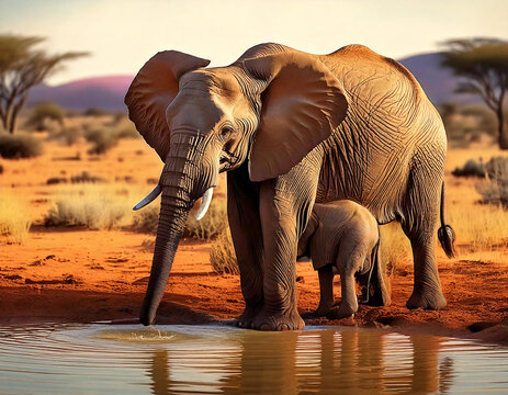An elephant with a calf drinking water - Powered by Adobe
