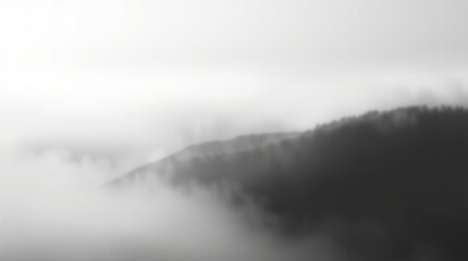 A serene monochrome landscape of a misty forest clinging to the side of a mountain.