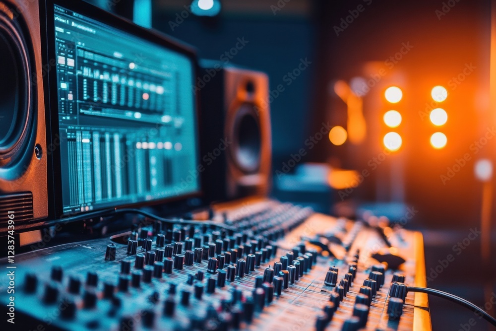 Poster Mixing console illuminated by warm lights in a recording studio during an evening session with sound engineers at work. Generative AI