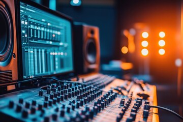 Mixing console illuminated by warm lights in a recording studio during an evening session with sound engineers at work. Generative AI