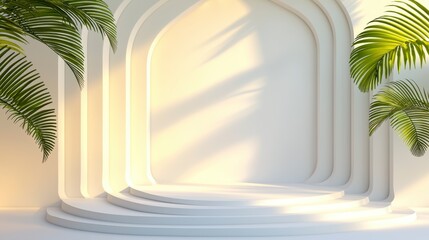 Minimalist White Background with Soft Shadows and Greenery Accents