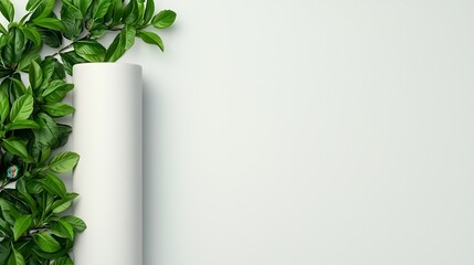 Minimalist White Background with Soft Shadows and Green Leaves