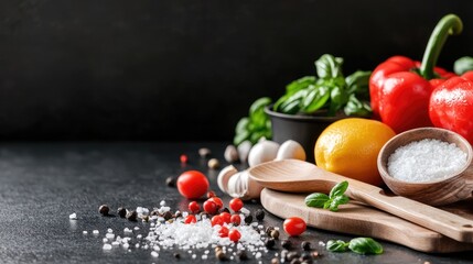 Fresh ingredients for cooking on dark table