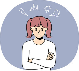 Angry little girl stands with arms crossed and looks at screen with hatred, showing disobedience or resentment. Teenage child needs parental affection to get rid of hatred and negative emotions