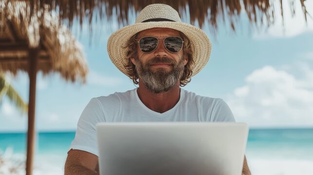 A man with a beard and sunglasses, dressed in casual attire, focuses on his laptop while relaxing on a beach, embodying a blend of work and leisure in a serene setting.