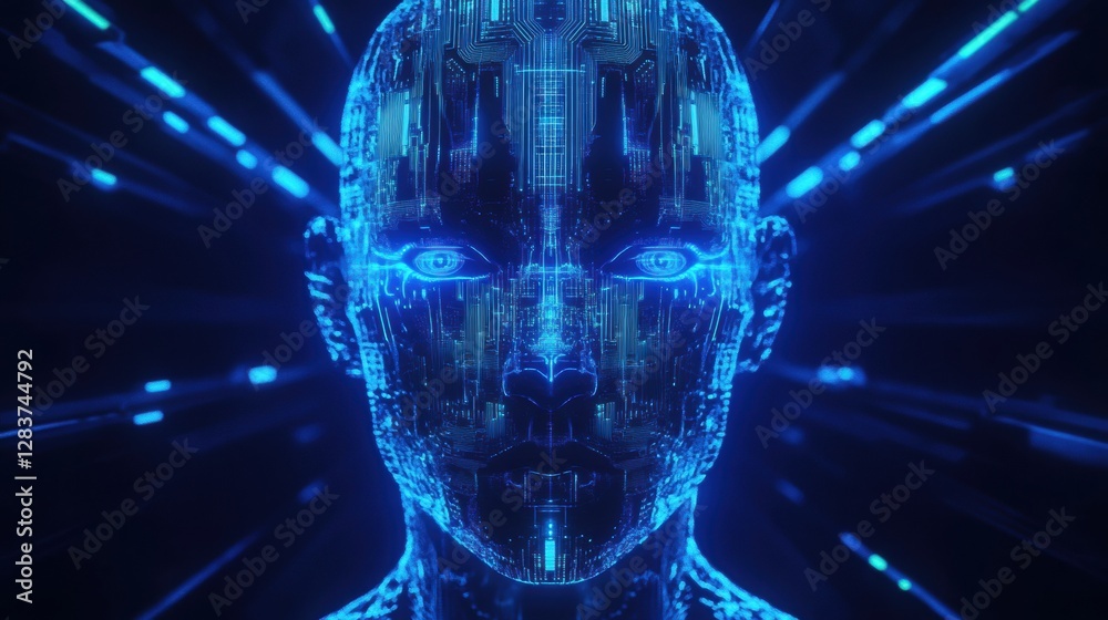 Poster Human silhouette with a glowing circuit board pattern representing futuristic artificial intelligence concepts and designs. Generative AI