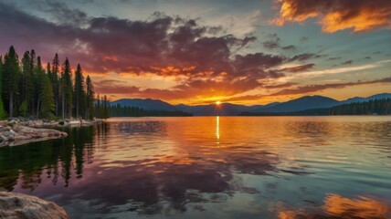 Fototapeta premium Vibrant Sunset over a Calm Lake Reflecting Mountains with Silhouette Trees and Colorful Clouds in the Background