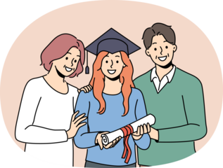 Girl graduate in student hat holds certificate of higher education, standing with parents. Woman graduate of university or college rejoices at receiving diploma of academic degree.