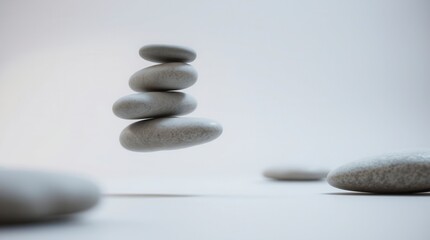 Fototapeta premium Five smooth stones balanced on a stack convey a sense of zen, harmony, and tranquility.
