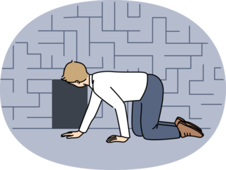 Man searching exit from labyrinth, crawling on floor near miniature door, as metaphor for difficult life situation. Guy is looking for way out of labyrinth, and needs hint or help.