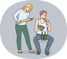 Woman quarrels with slacker husband, who drinks beer and eats chips and does not want to go to job. Girl with rolling pin stands near groom, and quarrels due to refusal to work on relationships