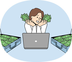 Rich woman freelancer with laptop and money in suitcases has earned lot thanks to productive work...