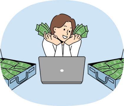 Rich woman freelancer with laptop and money in suitcases has earned lot thanks to productive work on internet. Successful freelancer girl receiving huge income for services of online marketer