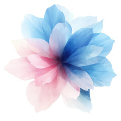 Obraz premium Abstract flower with blue and pink petals blending softly in watercolor style, featuring delicate texture and smooth gradients for elegant artistic design. Isolated on transparent background, png.