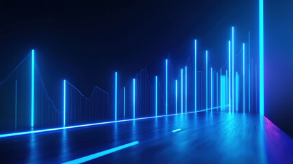 Futuristic glowing financial stock market chart with neon lines and bars in dark digital space