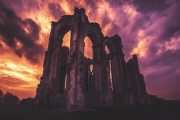 Fototapeta premium ancient weathered cathedral ruins silhouetted against a purple-orange twilight sky, dramatic clouds swirling overhead