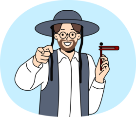 Orthodox jewish man with wooden grager ratchet in hand points finger at screen congratulating you on holiday of hanukkah. Israeli resident preaches judaism invites to celebrate hanukkah with smile