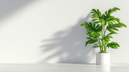 Minimalist Green Plant with Soft Shadow on White Background
