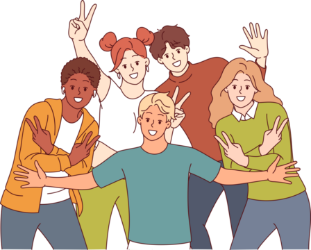 Group of multiracial students pose for group photo showing positive emotions and V gestures. Diverse young men with girls smiling and looking at screen demonstrate joy and togetherness. - Powered by Adobe